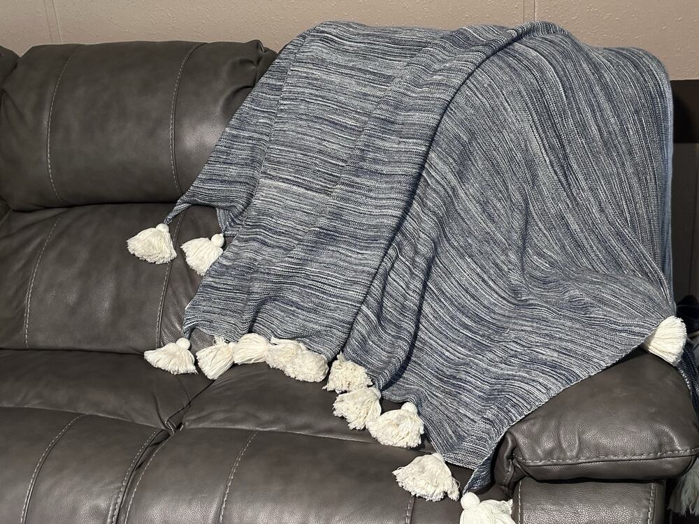 Arhaus 100% Cotton Knit Throw Large Tassels Blue Cream 52”X 78” Magic Carpet